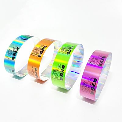 Fábrica de venta al por mayor Laser Glitter Pulsera Neón Color Ranibow Laser Logotipo de código de barras Brillante de papel láser pulsera para el evento