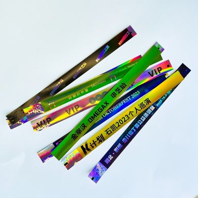 Evento Pulsera de papel personalizable Concierto Festival de música Arco iris de neón Brillante láser Pulsera de papel promocional