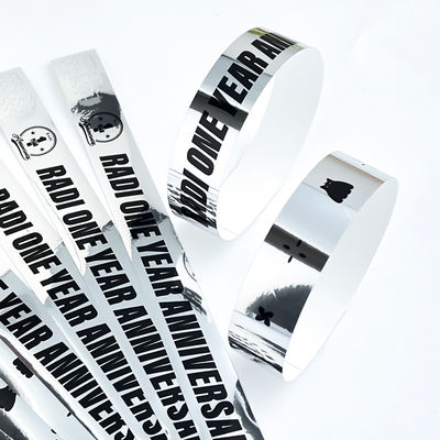 Pulseras holográficas plateadas para adultos y niños, MOQ 100 piezas, agregar texto del logotipo